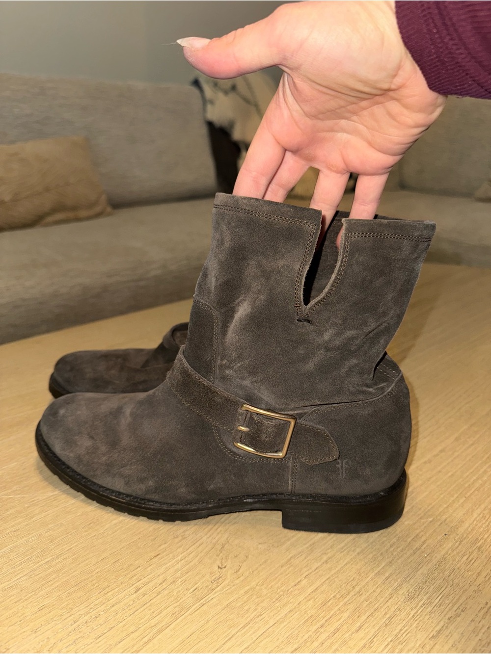 Frye Suede Mid-Calf Buckle Boots in Gray